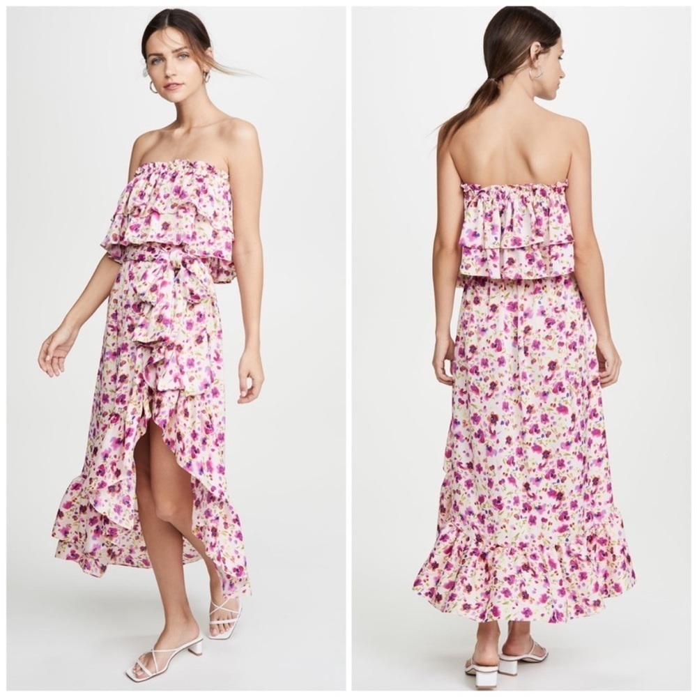 MISA Los Angeles Sabella Strapless Ruffle Tie Waist Midi Dress in Fuchsia Floral